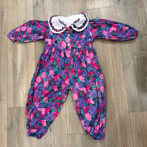 Vintage Toddler Girls Floral Collared One-Piece Romper by Rachel’s Kids 2T